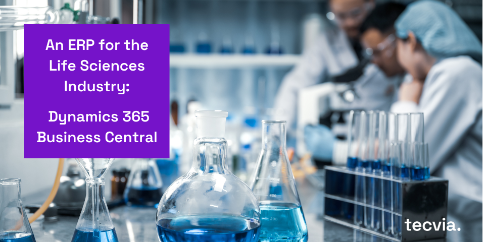 lab test with scientists in the background with the text overlay 'An ERP for the Life Sciences Industry: Dynamics 365 Business Central'