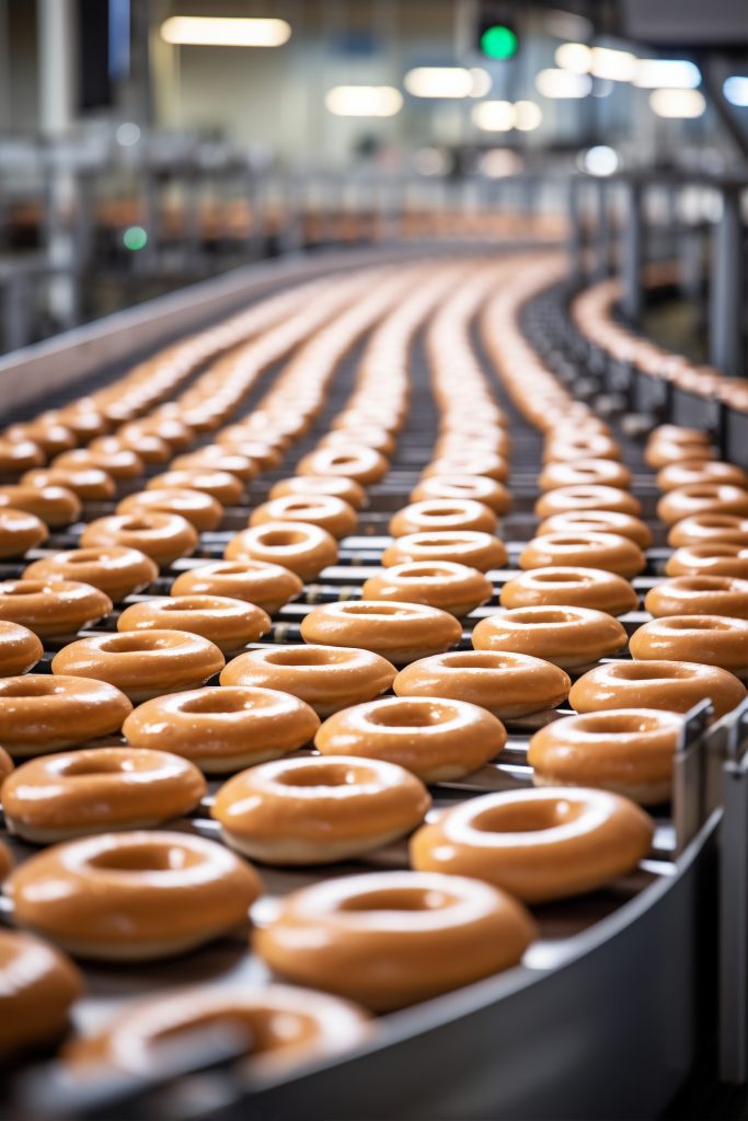 Glazed doughnuts on a production line in a food manufacturing facility