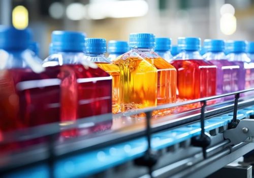 A drink production line with bottled juice.